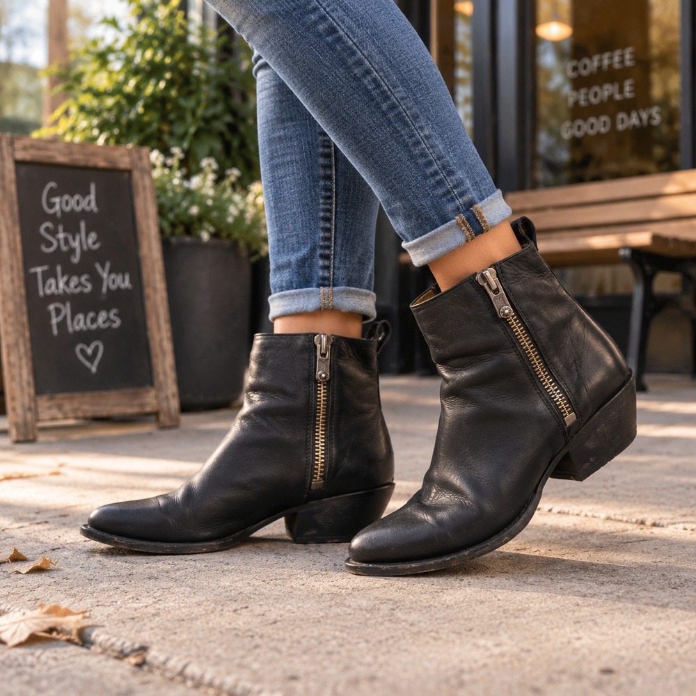 Frye Womens 8 B Sacha Moto Zip Up Ankle Boots Black Leather Pointed Toe Western
